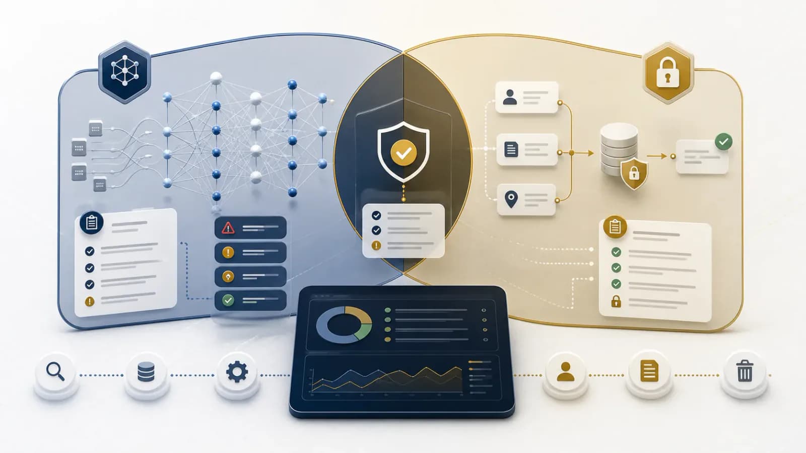AI governance and privacy compliance layers intersecting over model and data controls