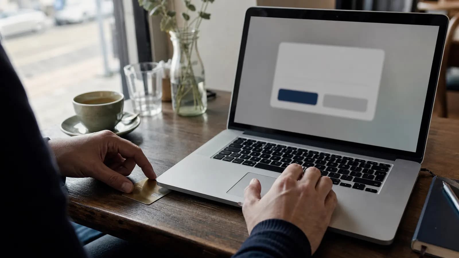 Professional choosing between a payment card and a two-option consent screen on a laptop in a café