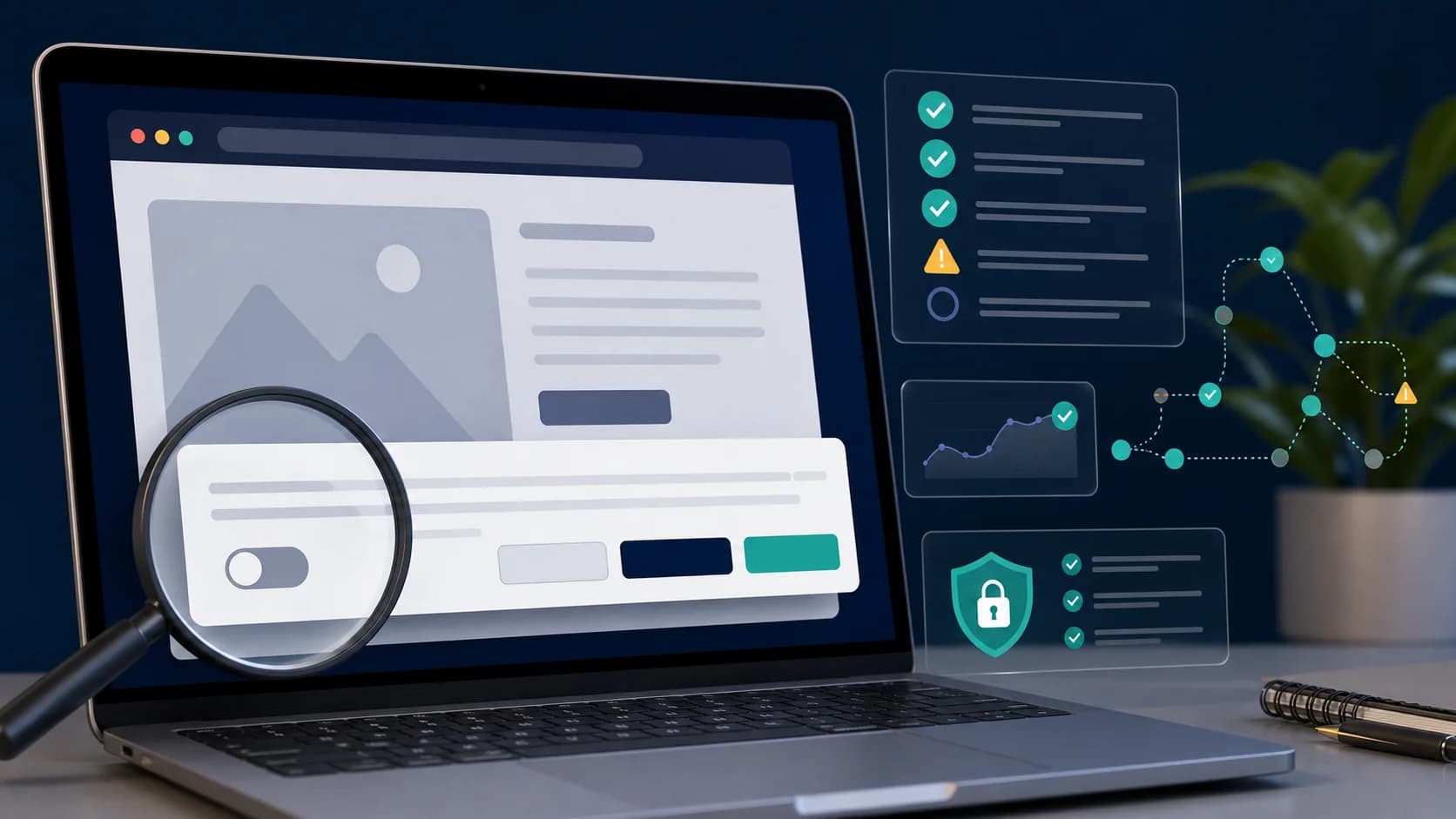 Cookie banner audit shown on a laptop with compliance checks and tracker signals