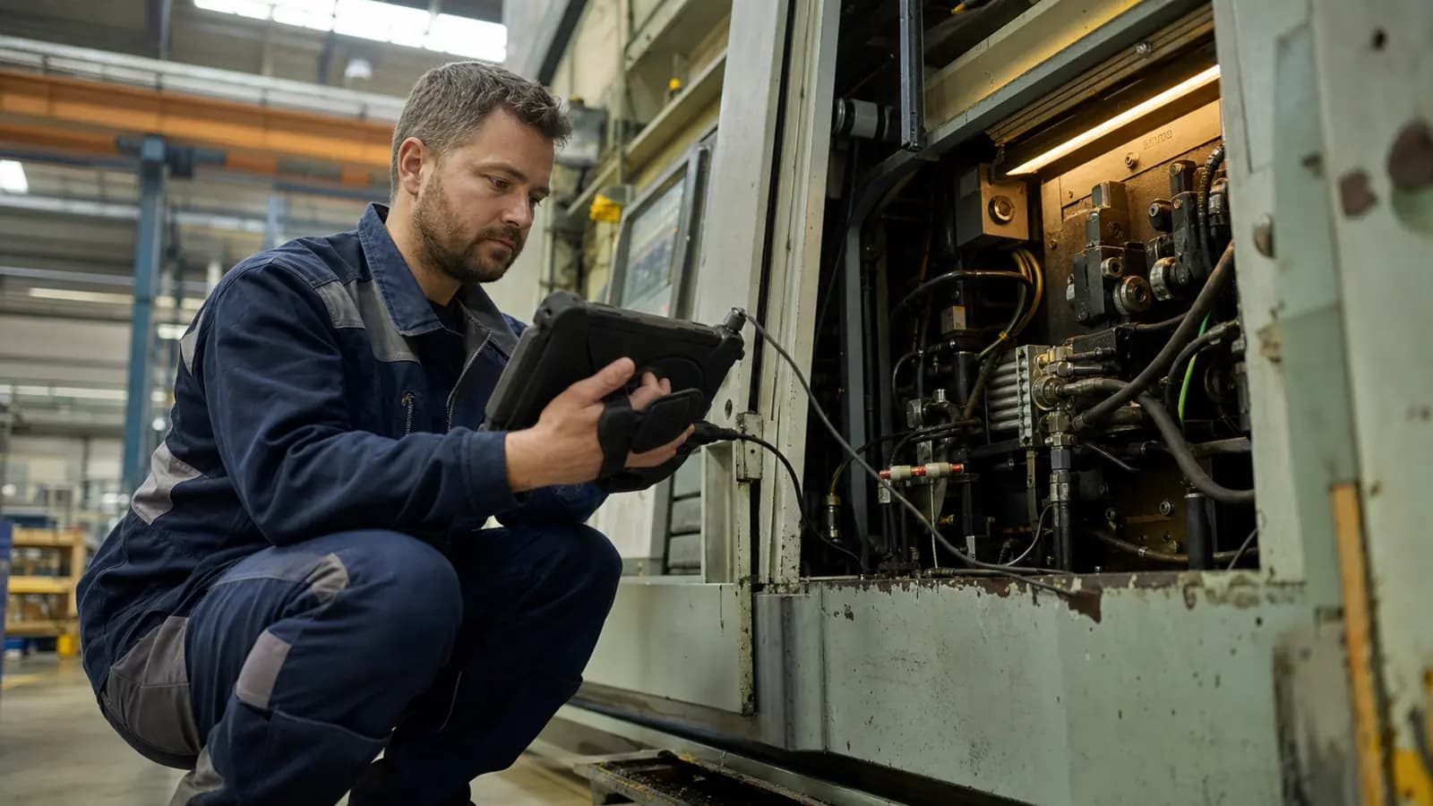 Engineer connecting a rugged tablet to sensor-equipped industrial machinery on a factory floor