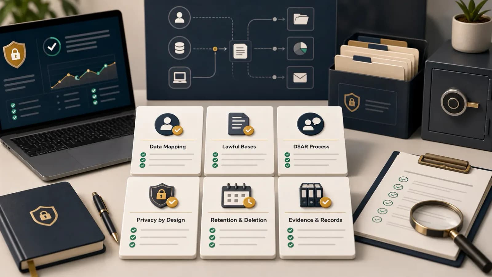 GDPR compliance checklist table with data mapping, retention, and evidence controls