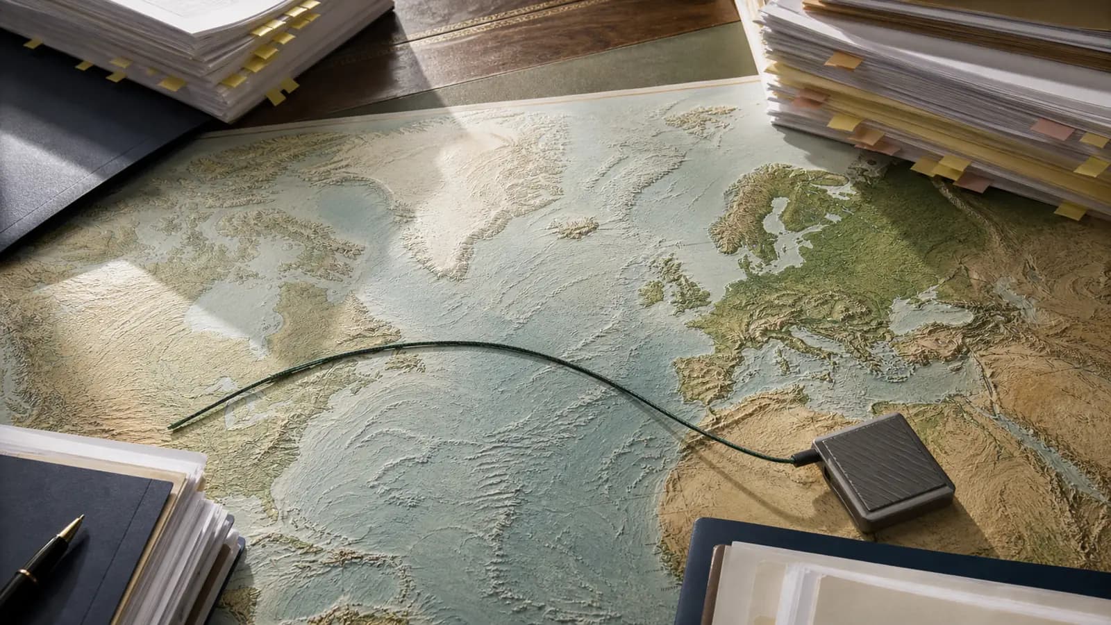 Contract files, encrypted drive, and cable crossing a relief map between Europe and North America
