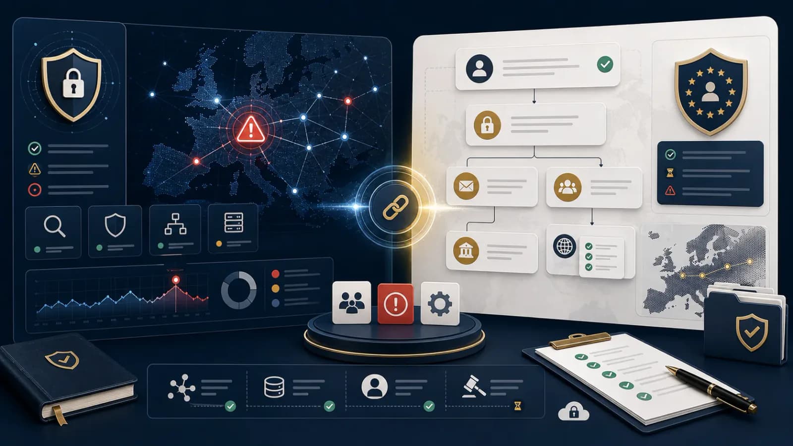 NIS2 and GDPR incident response dashboard connecting security telemetry with privacy notifications