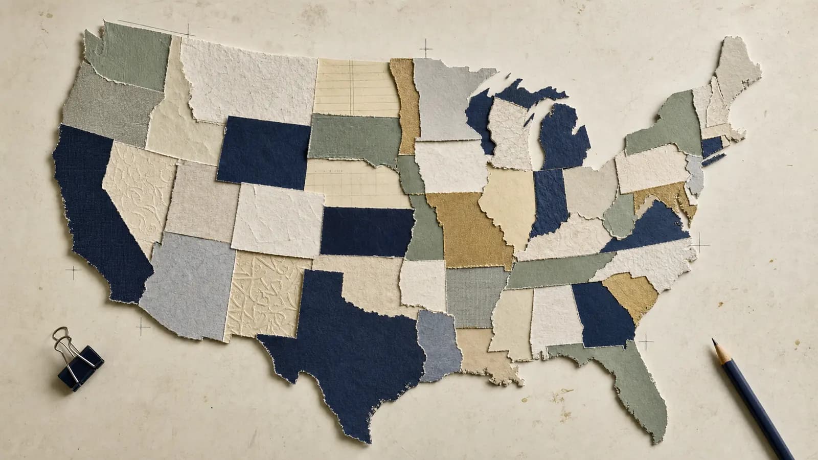 Handmade paper map of the United States assembled from differently colored state-shaped pieces