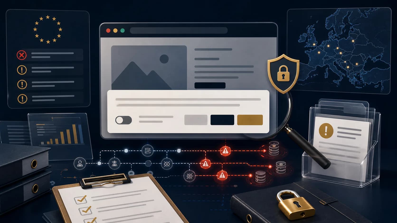 Cookie consent enforcement review panel revealing hidden tracker paths and warning signals