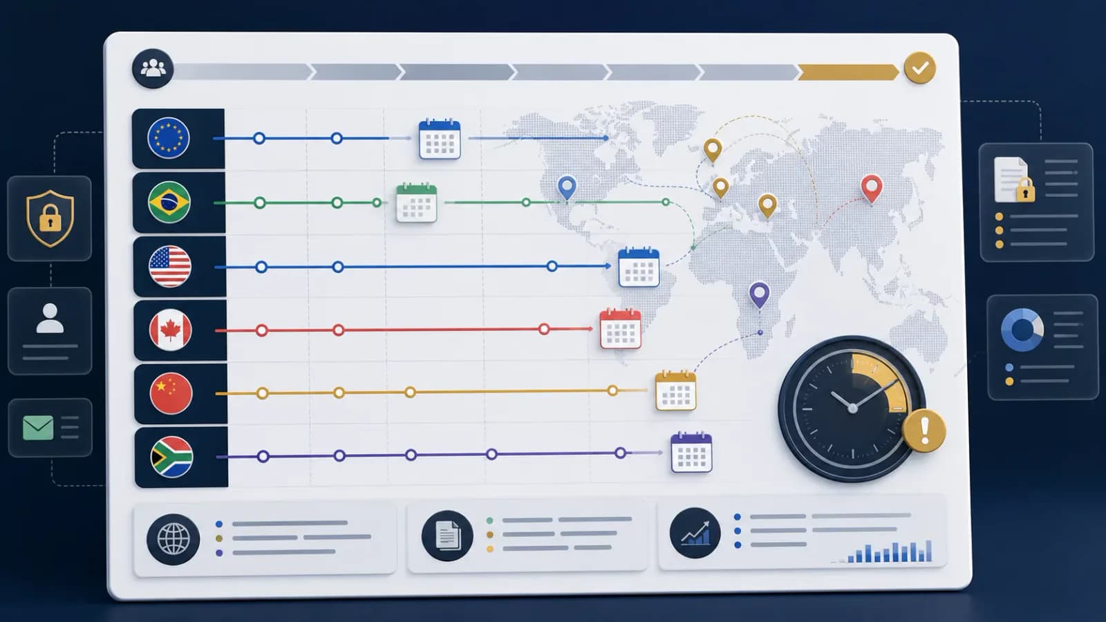 Global DSAR deadline comparison board with regional timelines and jurisdiction markers