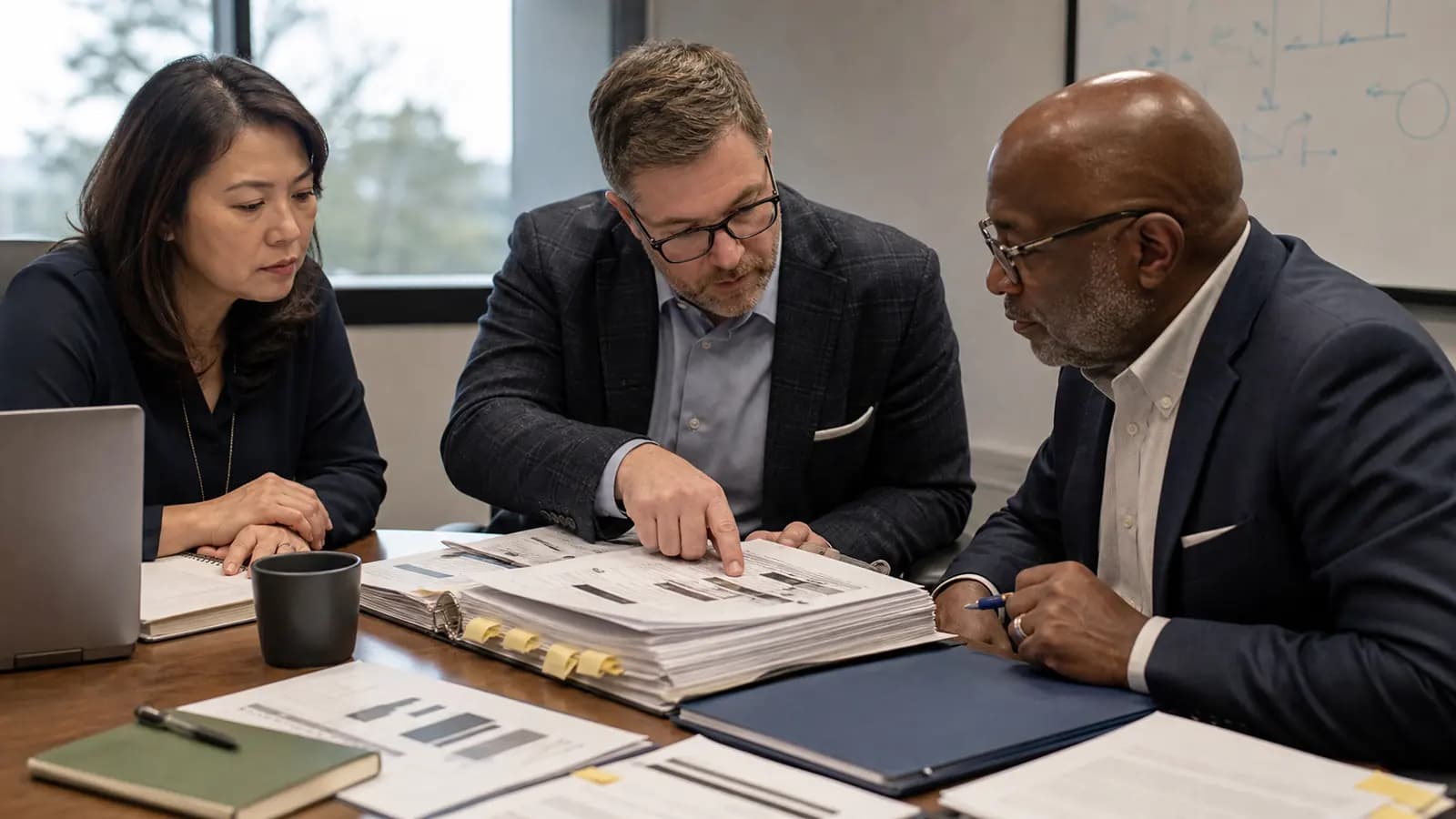 Enterprise procurement team reviewing a binder of privacy compliance evidence in a meeting