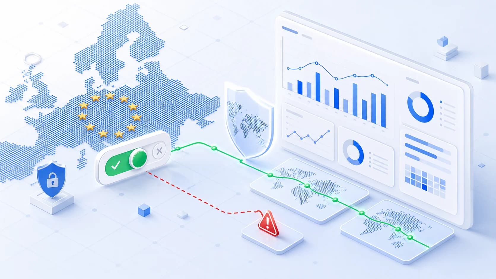 Analytics dashboard, EU data map, and consent gate for GDPR-compliant tracking