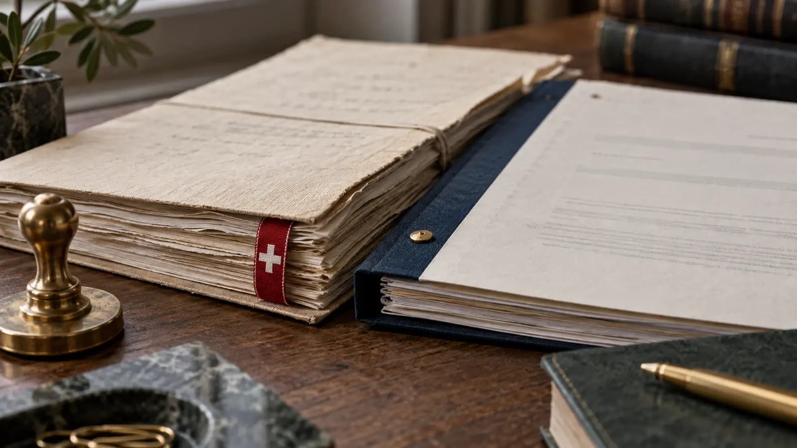 Two bound legal document folders side by side on a wooden desk, one tied with a red and white Swiss ribbon, the other clasped in navy, next to a brass seal stamp