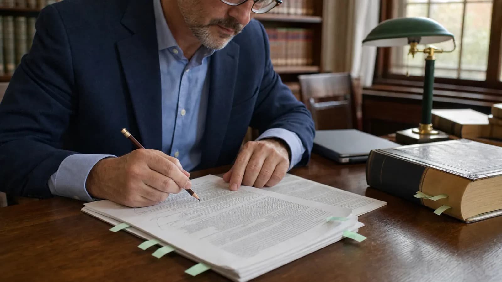 Legal counsel annotating a privacy policy beside a reference law book